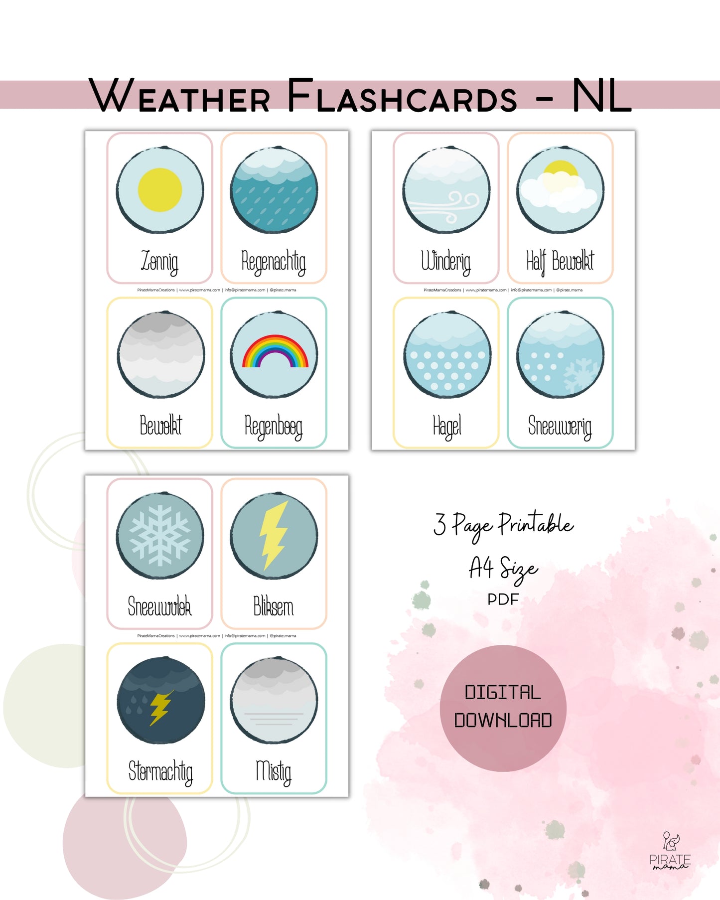 Weather Flashcards - Dutch | Printables for Kids