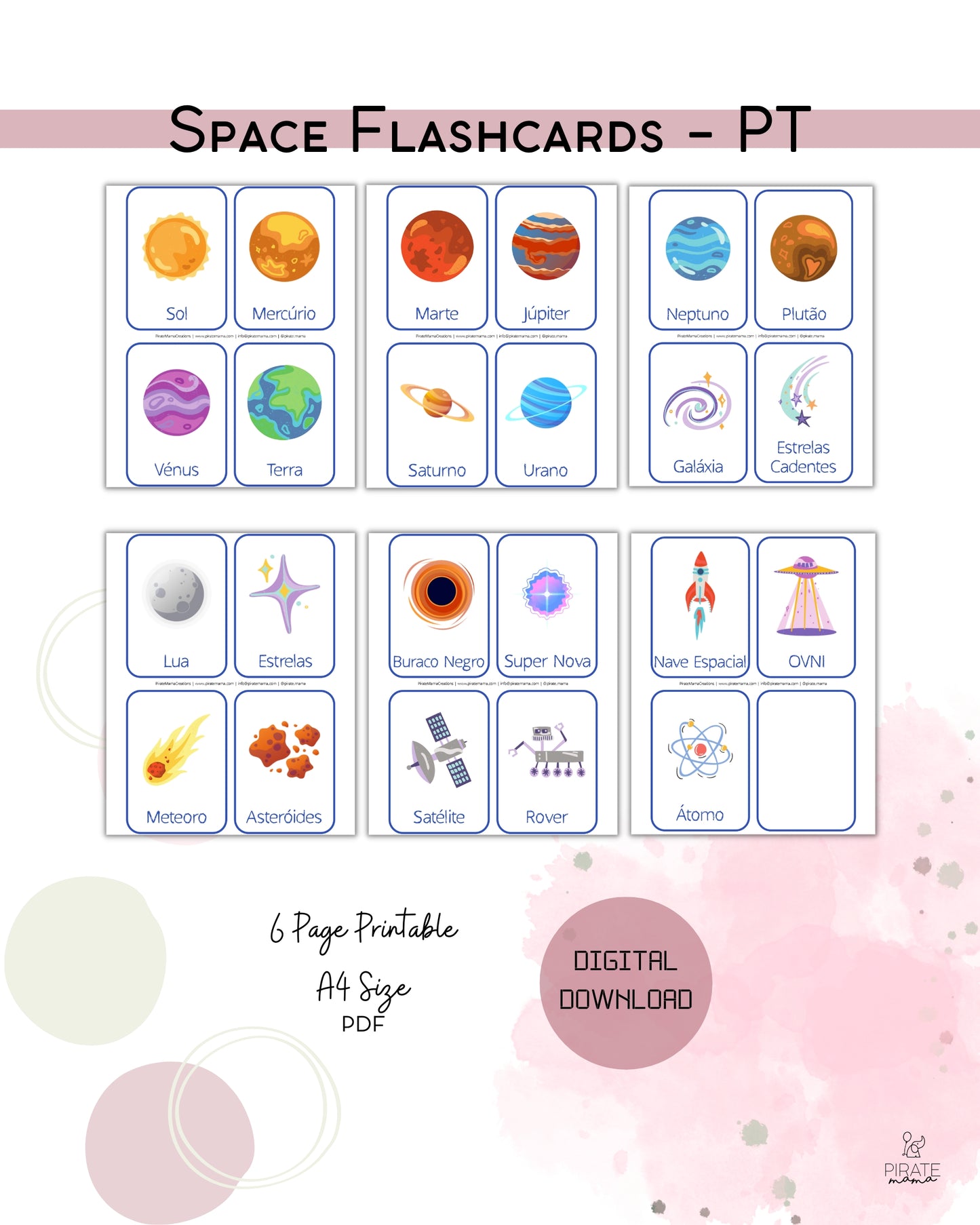 Space Flashcards - Portuguese | Printables for Kids