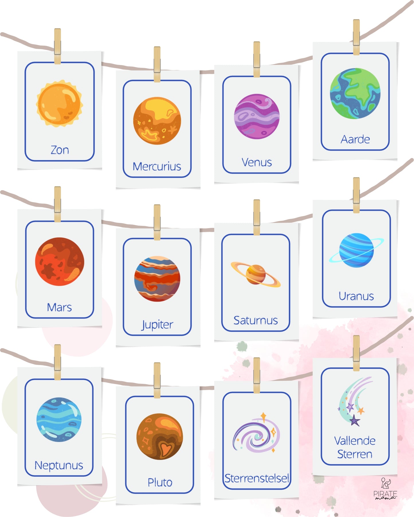 Space Flashcards - Dutch | Printables for Kids